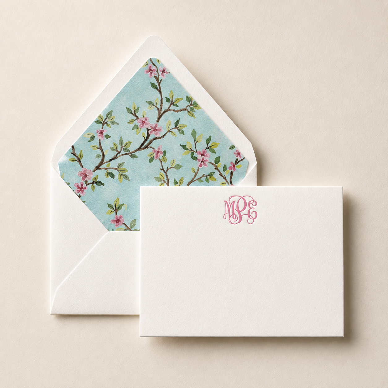 Cherry Blossom in Teal Personalized Letterpress Stationery