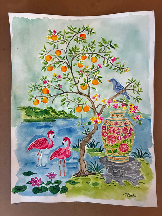 Flamingos in the Garden Watercolor Original Painting