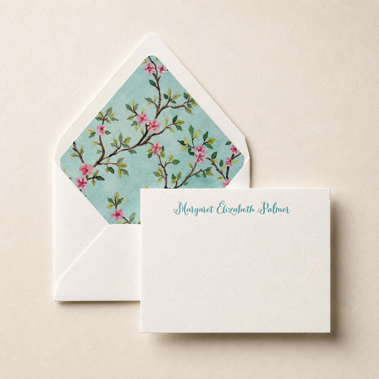 Cherry Blossom in Teal Personalized Letterpress Stationery