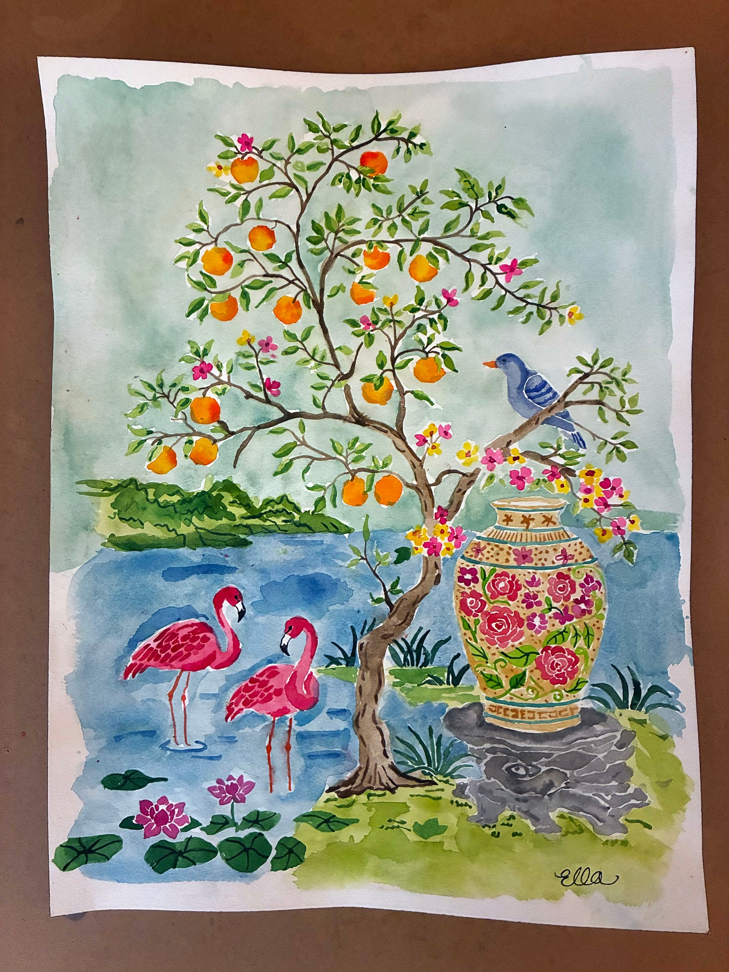 Flamingos in the Garden Watercolor Original Painting
