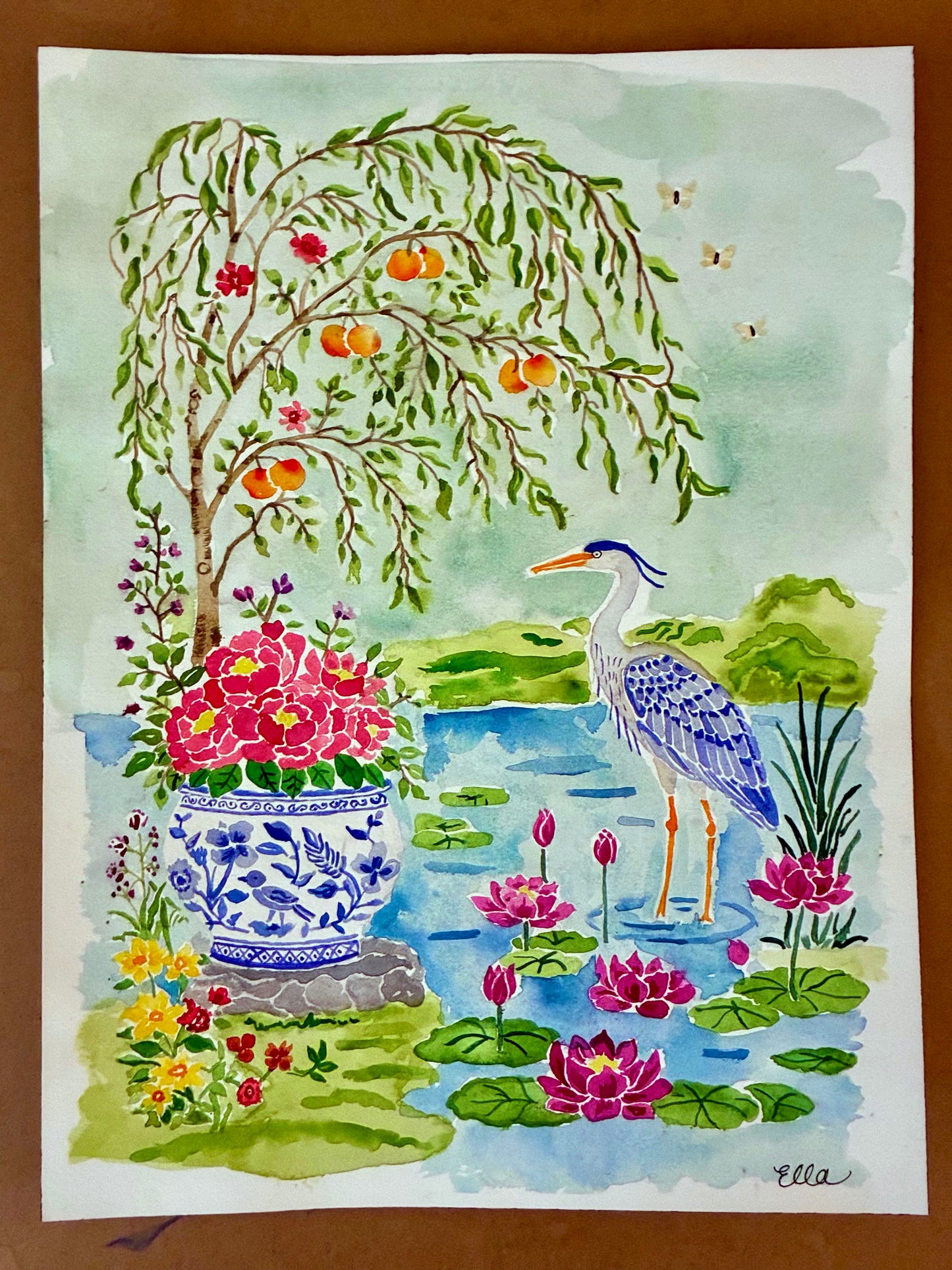 Heron in the Garden Watercolor Original Painting