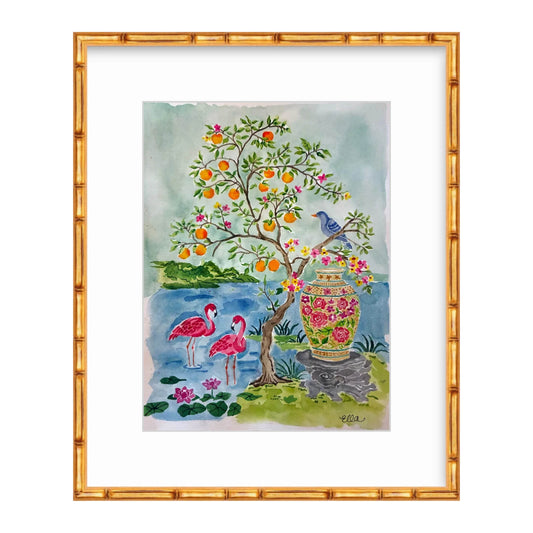 Flamingos in the Garden Watercolor Original Painting