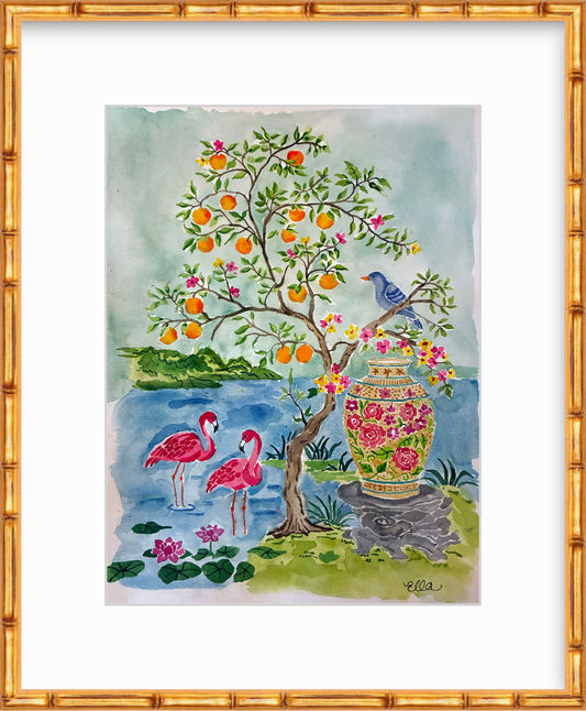 Flamingos in the Garden Watercolor Original Painting