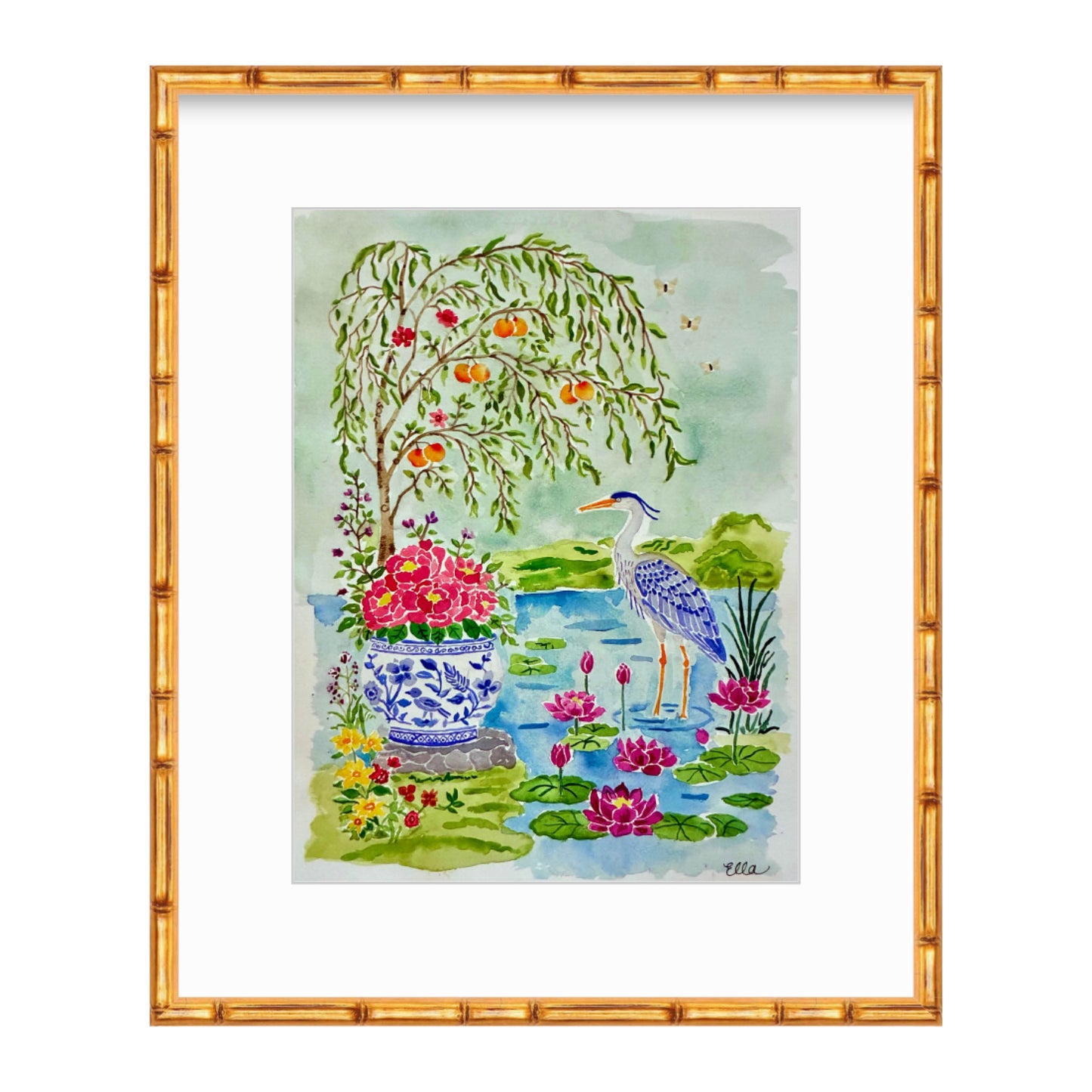 Heron in the Garden Watercolor Original Painting